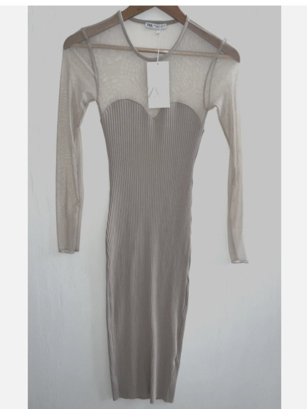 ZARA Beige Ribbed Knit Midi Bodycon Dress Sweetheart Illusion Mesh Size S NWT